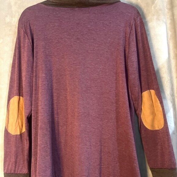 Womens Long Sleeve Cowl Neck Scarf Top Purple Plum Brown Heathered Elbow Patch - Picture 7 of 11